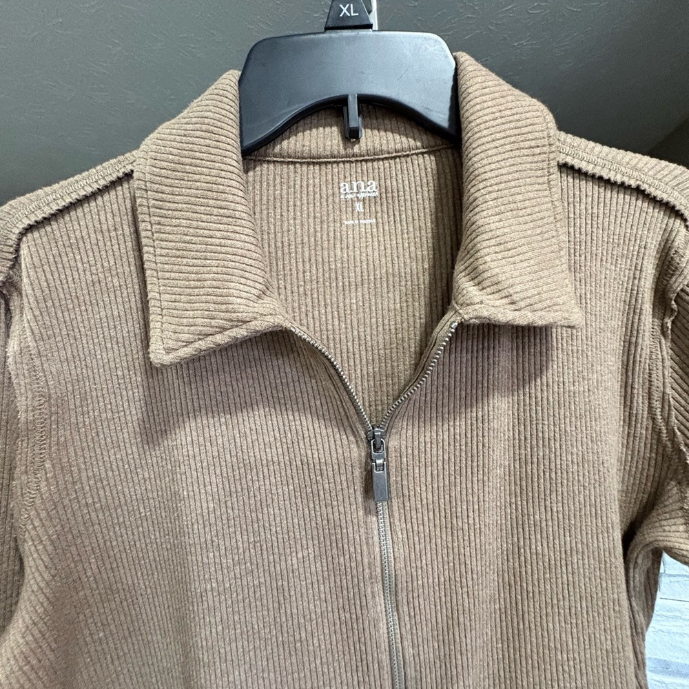 a.n.a Taupe Ribbed Zip-Front Teddy Jacket